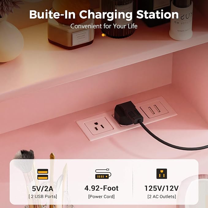 COMHOMA Vanity Desk with Lighted Mirror and Power Outlet, RGB LED Lights Makeup Vanity Set for Girls, Large Storage Capacity Dressing Table for Bedroom, 3 Lighting Modes Adjustable Brightness, Pink