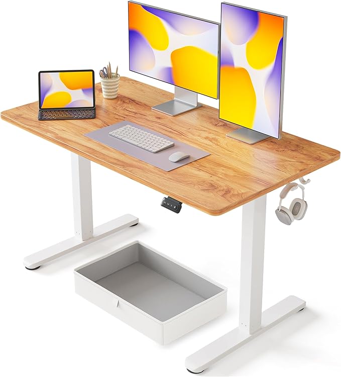 FEZIBO 48 x 24 Inches Standing Desk with Drawer, Adjustable Height Electric Stand up Desk with Storage, Sit Stand Home Office Desk, Ergonomic Computer Desk, Light Rustic