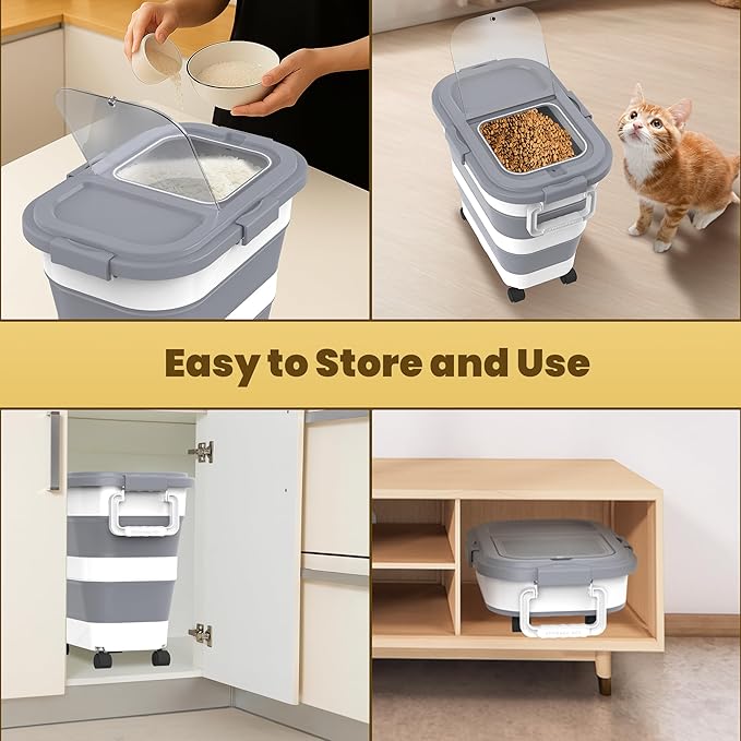 30-40Lbs Rice Container,Collapsible Airtight Food Storage Containers with Wheels,Handle,Rice Storage Container with Small Bin and Scoop,Rice Dispenser for Flour Sugar Cereal Grain Dog Cat