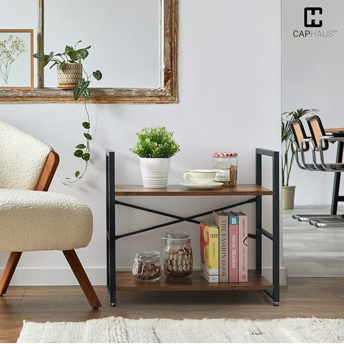 CAPHAUS 2 Tier Small Bookshelf, 24 Inch Width Free Standing Shelf, Bookcase Shelf Storage Organizer, Industrial Book Shelves for Home Office, Living Room, Rustic Oak Vintage Shelves & Metal Frame