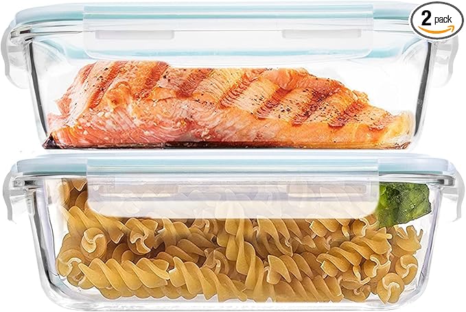 Luvan 60oz Large Glass Food Storage Containers with Lids,Glass Meal Prep Containers/Bento Boxes/Lunch Containers,BPA Free & Leak-Proof for Microwave,Oven,Freezer and Dishwasher Safe(2Pcs)