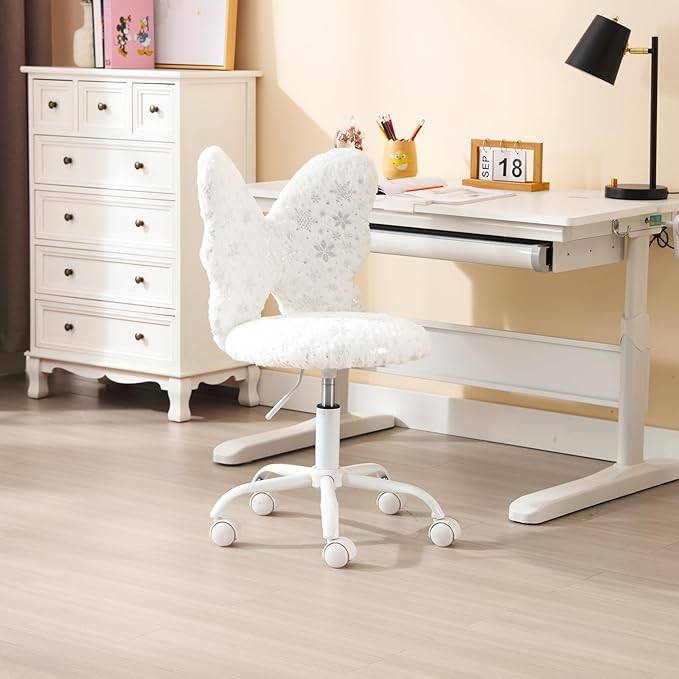 Cute Fuzzy Kids Chair for Teenage Girls Rolling Study Desk Student Chair Furry Computer Task Chair, Adjustable Butterfly Shaped Reading Vanity Chair for Bedroom, White