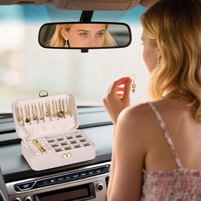 Travel Jewelry Case With Lock, 2-Layer PU Leather Jewelry Box for Women, Ring Box and Jewelry Organizer, Large Jewelry Travel Case,Best Gifts for Women for the Holidays(White)