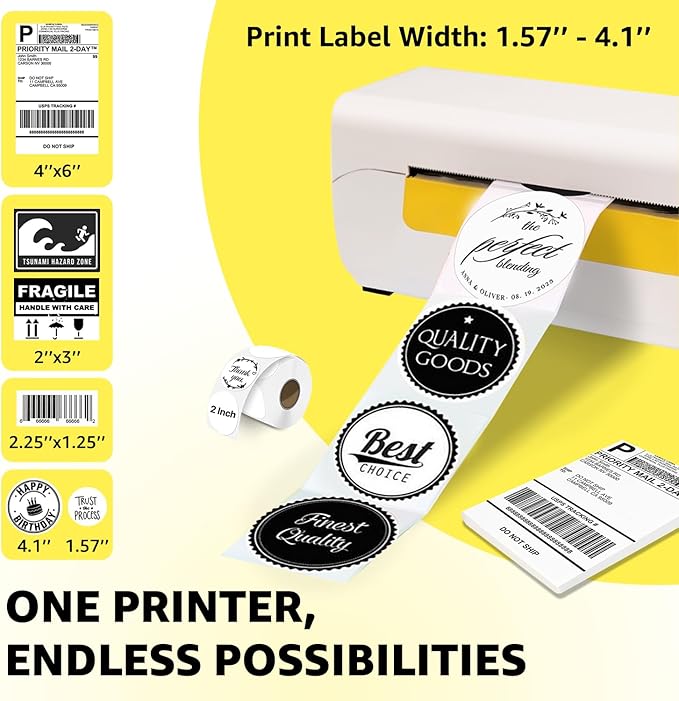 Bluetooth Thermal Shipping Label Printer for Small Business. Includes Paper Holder, 4x6 Labels, 2" Round Stickers, USB C, and E-Book.Compatible with Android, iOS, Windows, Mac.