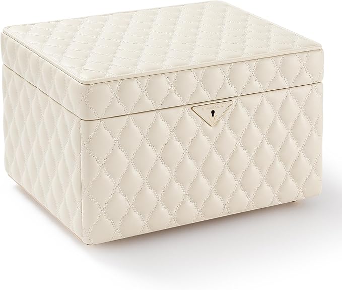 Vee Jewelry Box, 3-Layer Jewelry Case Diamond Quilted Leather Jewelry Organiser with Drawers,Jewelry Storage with big Mirror,Multipurpose Use with Key Lock,Gift Idea (beige, Large-13.39*10.04*8.66in)