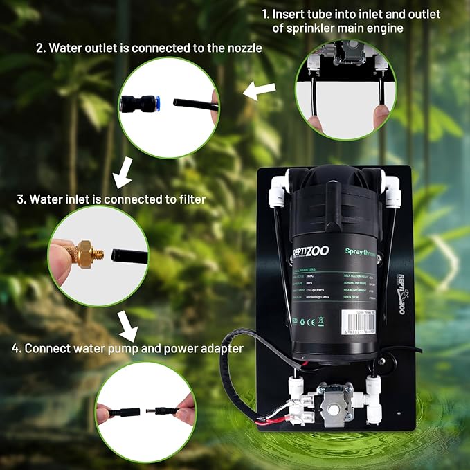 REPTI ZOO Misting System with Timer, Reptile humidifier with 4 Spray Nozzles & 2 Drip Nozzles, Low Noise Self-Priming Pump, Mister System for Reptile Amphibians Habitat, Botanical Gardens