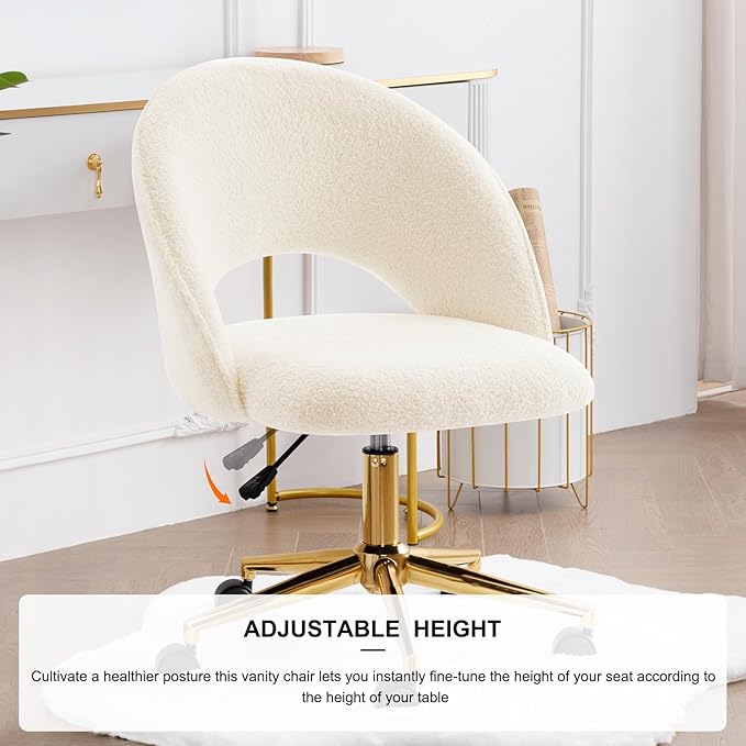Furnimart Swivel Rolling Desk Chair, Adjustable Faux Fur Vanity Chair with Gold Legs, Cute Task Chair with Wheels for Living Room Bedroom Studying Small Places (Faux Fur White)