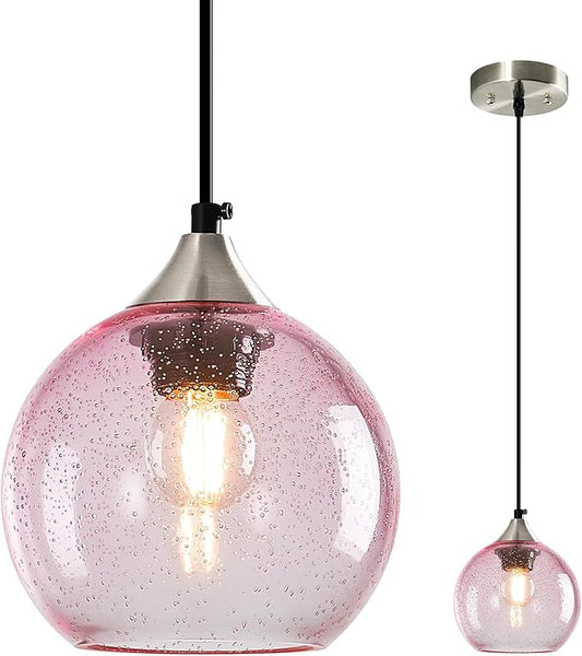 Pink Glass Pendant Lights Kitchen Island Globe Pendant Light Fixtures Modern Pendant Lighting for Bedroom Living Dining Room Light Fixture (5.9 in, 1 Pack)