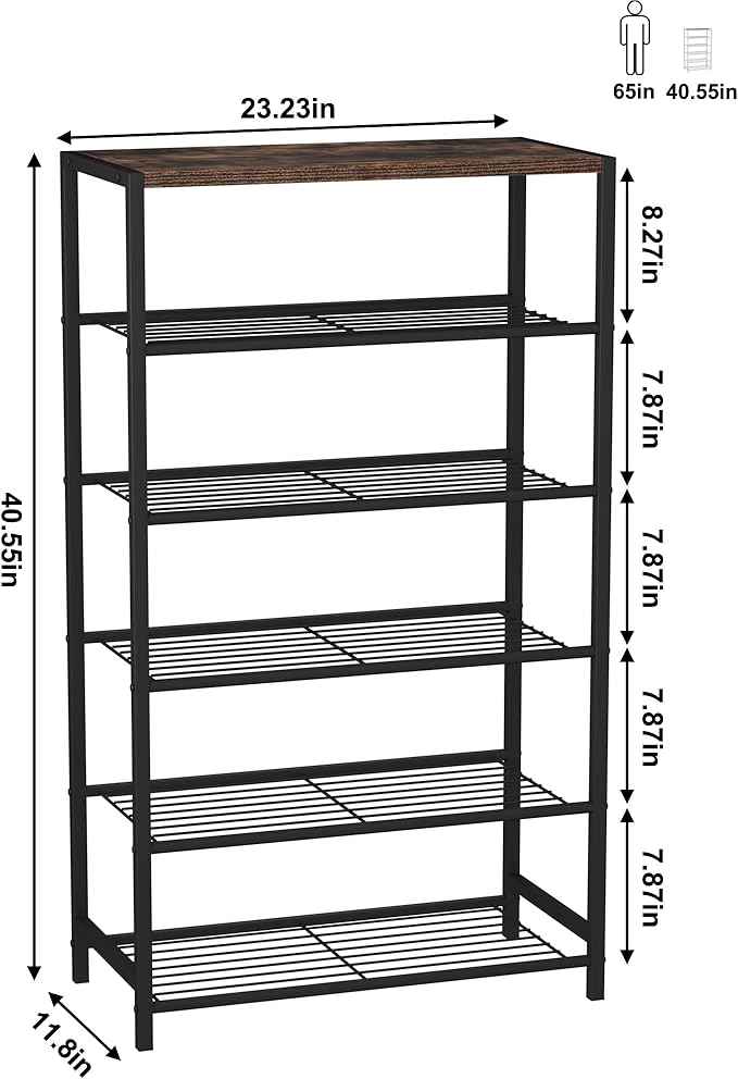 HOMEFORT Shoe Rack 6-Tier, Shoe Storage Shelf, Industrial Shoe Tower, Narrow Shoe Organizer for Closet Entryway, Small Shoe Rack Table with Durable Metal Shelves, Rustic Brown