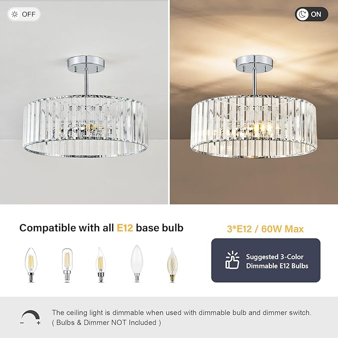 Crystal Chrome Ceiling Light, Modern Semi Flush Mount Ceiling Lighting Fixture, Round Hallway Lighting Fixtures Chandelier for Kitchen Entryway Bedroom Dining Room, 3-Light, 15.7 Inch