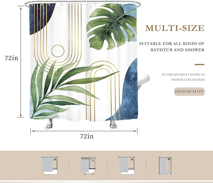 Glawry Boho Blue Green Shower Curtain Mid Century Abstract Tropical Palm Leaf Modern Minimalist Plant Botanical Bathroom Geometric 72Wx72L Inches Bath Accessories Art Home Decor Fabric 12 Pack Hooks