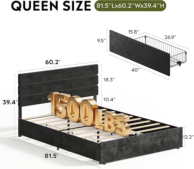 WLIVE Queen Size Upholstered Bed Frame with 4 Drawers and Velvet Square Tufted Headboard, Sturdy Metal & Wooden Slats Support, No Box Spring Needed, Easy Assembly, Black