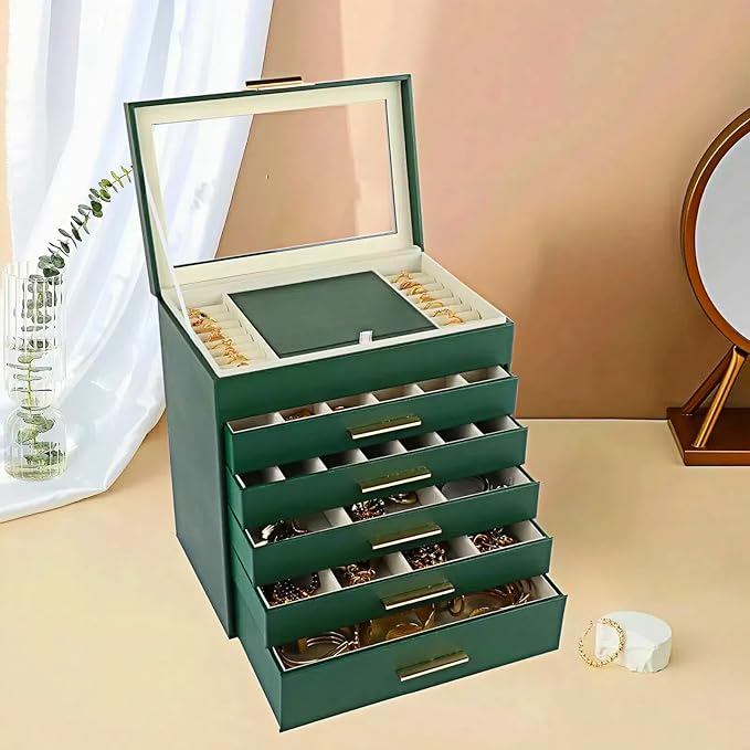 BOOVO Jewelry Box for Women, Green 6 Layer Large Jewelry Organizer with Glass Lid for Necklace, Bracelet, Earrings Storage, Jewelry Organizers and Storage for Girls Gift (Green and Gold, 6 layer)
