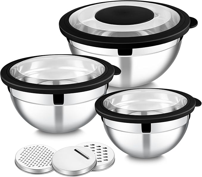 E-far Mixing Bowls with Lids and Graters, Stainless Steel Salad Mixing Bowl with Transparent Lid Set of 3, Metal Nesting Salad Storage for Kitchen Prepping/Serving/Baking, 4.6/2.6/1.5QT - Black