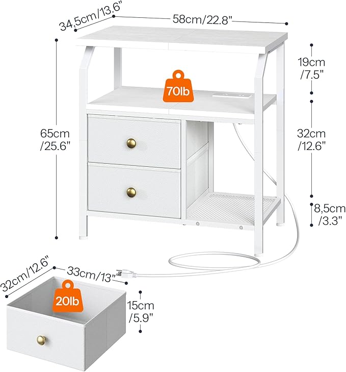 HOOBRO 23 inch Wide Nightstand with Charging Station and LED Light, Night Stand with 2 Fabric Drawers, Bedside Table, Dresser with Open Storage Shelf, End Side Table for Bedroom, White WT160UDBZ01