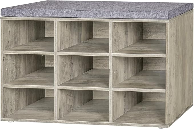 DINZI LVJ Shoe Bench, 9 Cubbies Shoe Organizer for Entryway, Storage Bench with Cushion, Cubby Shoe Rack with Adjustable Shelves for Living Room, Bedroom, Mudroom, Hallway, Gray Wash