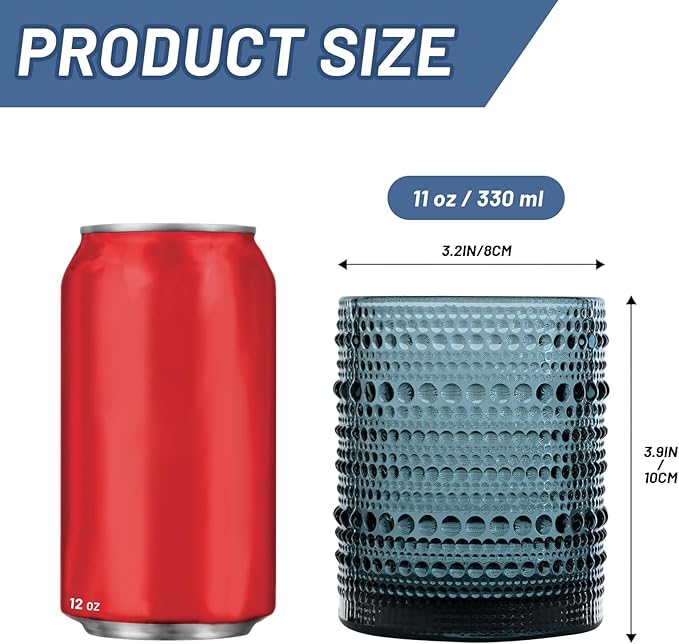 Hobnail Drinking Glasses Set of 6, Vintage Colored Glassware 11oz, Beverage Glass Cups for Water, Juice, Cocktail (Blue)