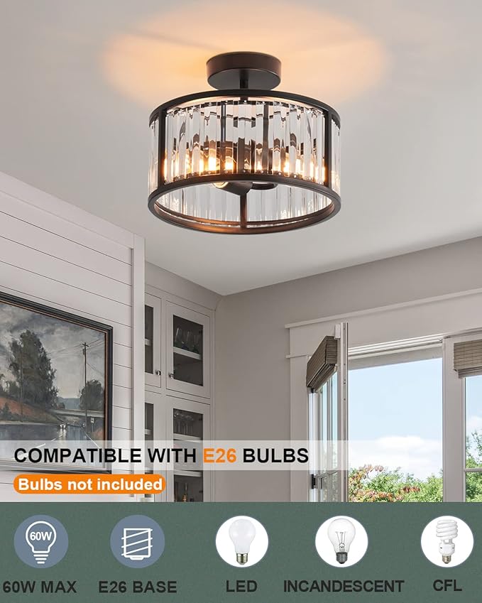 Black Flush Mount Ceiling Light, 2- Light Caged Crystal Chandelier , Small Drum Hallway Light Fixtures Ceiling Mount (Black)