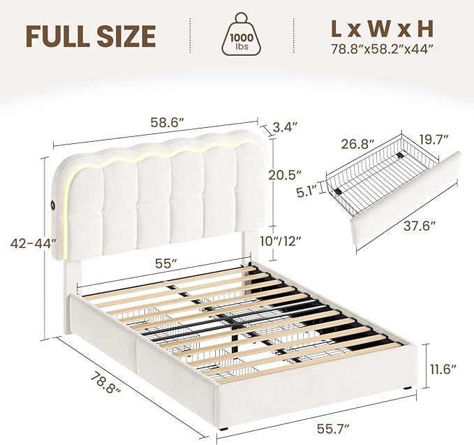 Full Size Bed Frame with 4 Storage Drawers and LED, Adjustable Clouds Headborad, Velvet Upholstered Platform Full Bed Frame with Charing Station, Wood Slats Support, No Box Spring Needed,White