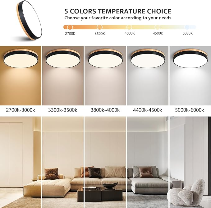 Dimmable Modern Wood Ceiling Light, Black LED 5CCT 2700K-6000K Flush Mount Ceiling Lighting Fixture, Round Light Fixtures for Kitchen Living Room Dining Room Bedroom 15.8in