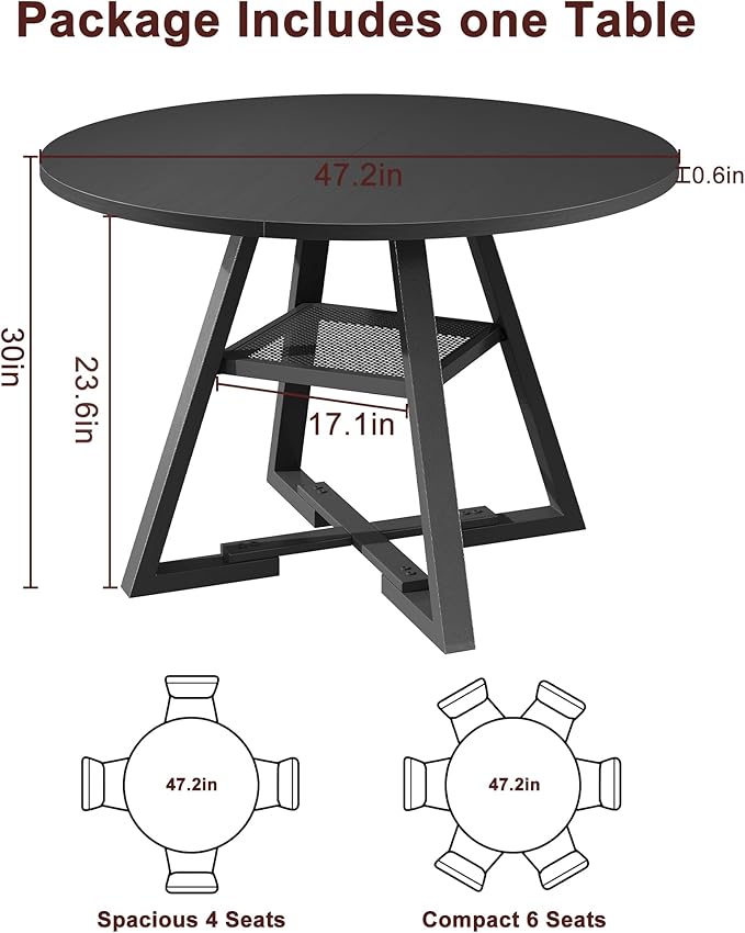 Round Dining Table for 4,Kitchen Dining Room Circle Dinner Pedestal Table,Space Saving Wood Kitchen & Dining Room Furniture (Black, 47In)