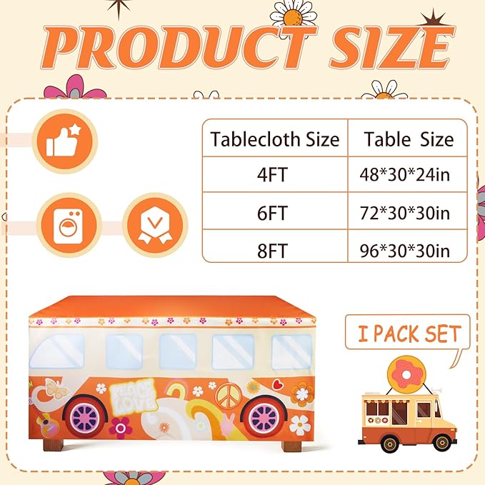 4Ft Groovy Bus Tablecloth,Hippie Birthday Party Decorations for 60s 70s Boho Themed Birthday,Baby Shower,Carnival Party Decorations