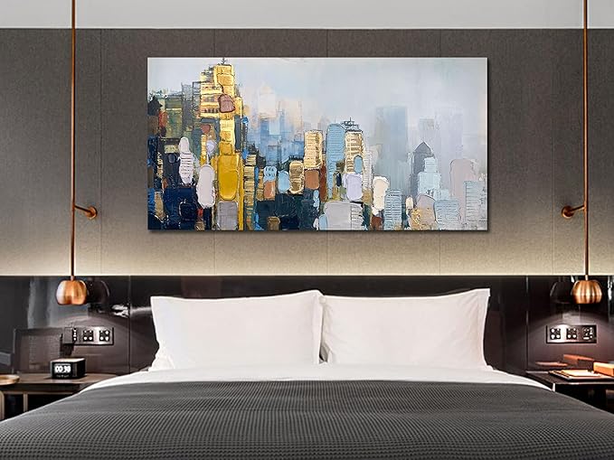 Arjun Abstract Wall Art 3D Textured Skyline Canvas Painting Gold Grey Colorful Modern Cityscape Metropolitan Picture Artwork Framed Extra Large for Living Room Bedroom Home Office Wall Decor, 58"x29"