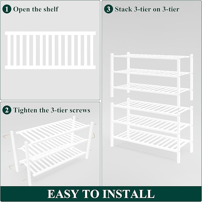 Smiry Bamboo Shoe Rack for Closet, 6 Tier Wooden Stackable Shoe Organizer, Free Standing Shoes Storage Shelf for Entryway, Front Door Entrance, White