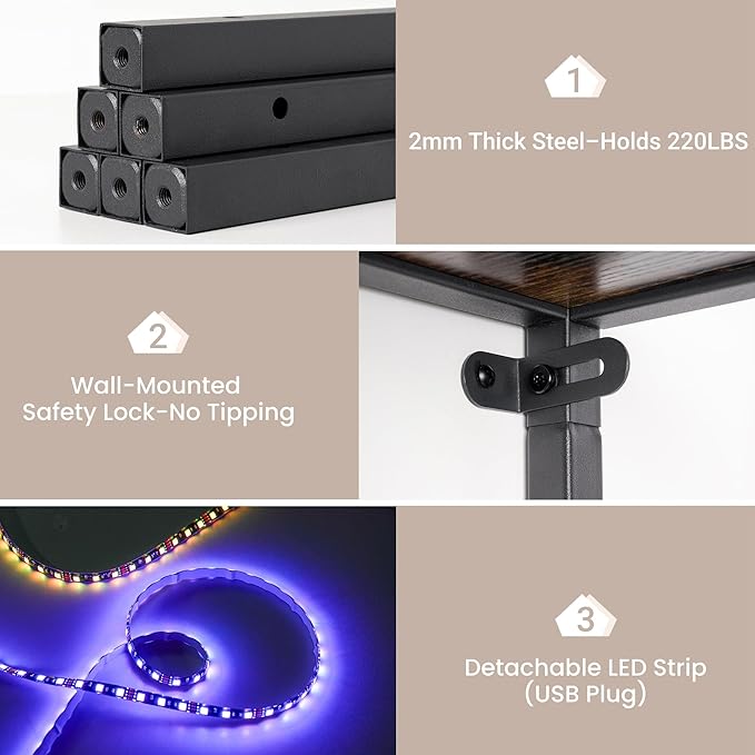 70 Inch Corner Shelf with LED Lights, 5-Tier Corner Bookshelf for Small Spaces, Wood & Metal Storage Rack for Bedroom, Living Room, Office - Modern Space Saving Design- Brown