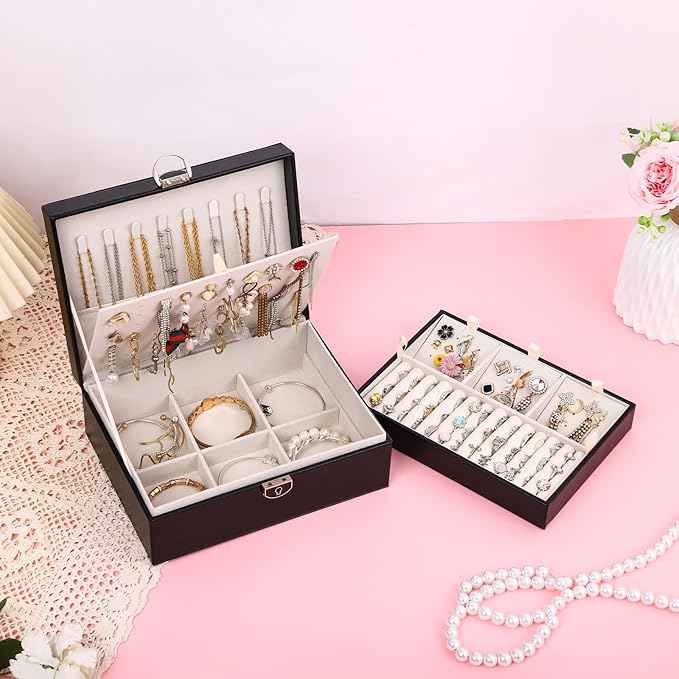 BOOVO Earring Jewelry Box For Women Girl Stud Organizer, 4 Layers Girl Jewelry Organizer Box With Lock Earring Holder Organizer Necklace Ring Jewelry Organizer Box For Girls (Black, 4 layer)