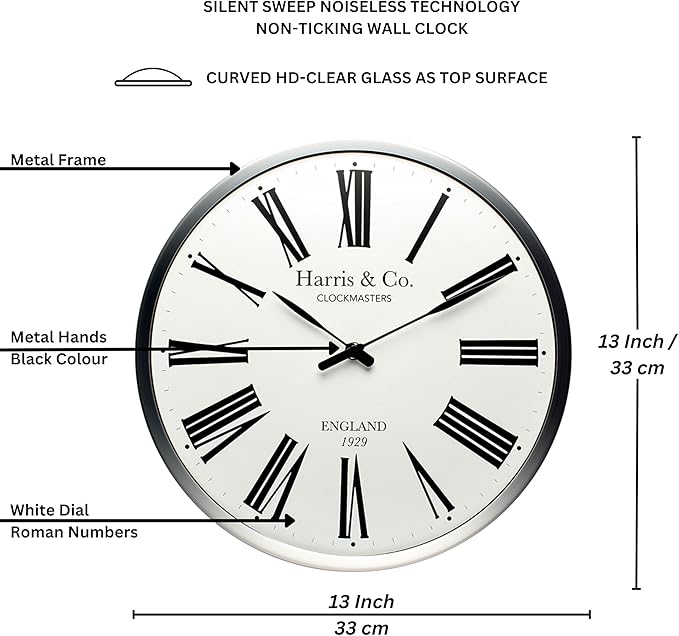 HARRIS & CO. CLOCKMASTERS ( 13 Inch Premium Luxury Wall Clock Roman Design - (Metal Frame & Curved Glass)(Silent Sweep Noiseless Technology) Model Name - Abbey Road