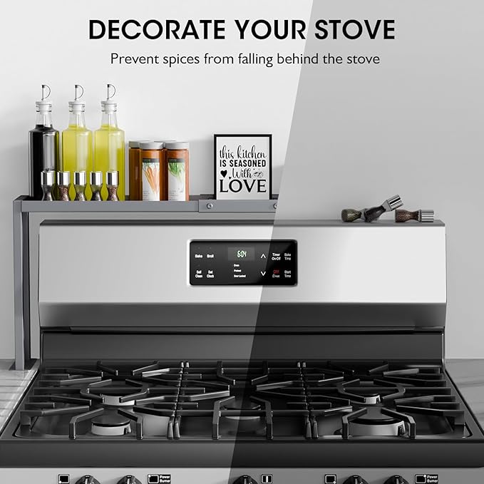 Bumusty Spice Rack Shelf for Kitchen Stove, 32" Stove Top Shelf, Adjustable Oven Spice Rack, Seasoning Organizer Kitchen Shelves, Grey