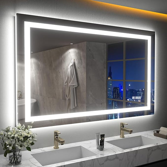 LED Mirror for Bathroom, 48x32 Inch Backlit + Front Lighted Bathroom Vanity Mirror with Lights for Wall, Double Light Strips, 3 Colors, Shatter-Proof, Anti-Fog and Brightness Memory