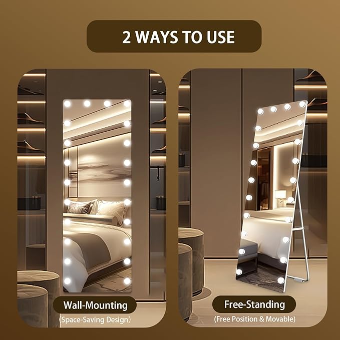 66x22 Hollywood Full Length Mirror with Light, 22 Dimmable Bulbs & 3 Color Smart Touch Control, Distortion Free, Tempered Glass & Shatter Proof Film, Safe Full Body Mirrors with Stand