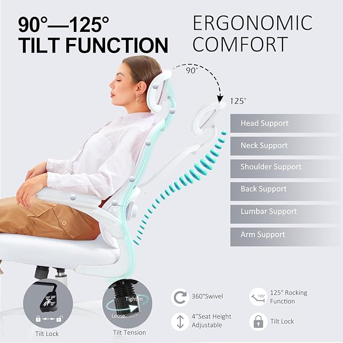 Ergonomic Office Chair,Ultra Thick Office Desk Chair with Adjustable Lumbar Support and Headrest,Spring Cushion,Rocking Function,Flip-up arms,Mesh Computer Chair for Home Office,White