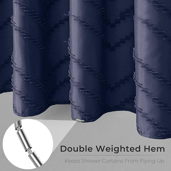 Navy Blue Fabric Shower Curtain Boho Tufted Chevron Striped Textured Cloth Curtains for Bathroom Farmhouse Shabby Chic Waterproof Set with Hook, Wrinkle Free