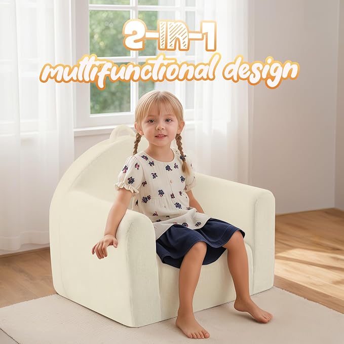 MeMoreCool Folding Toddler Chair, Comfy Plush Fold Out Kids Couch Sofa, Convertible Kid Sofa Bed, Flip Out Baby Recliner Foldable Children Sofa for Toddlers 1-4 Girls Boys, Beige