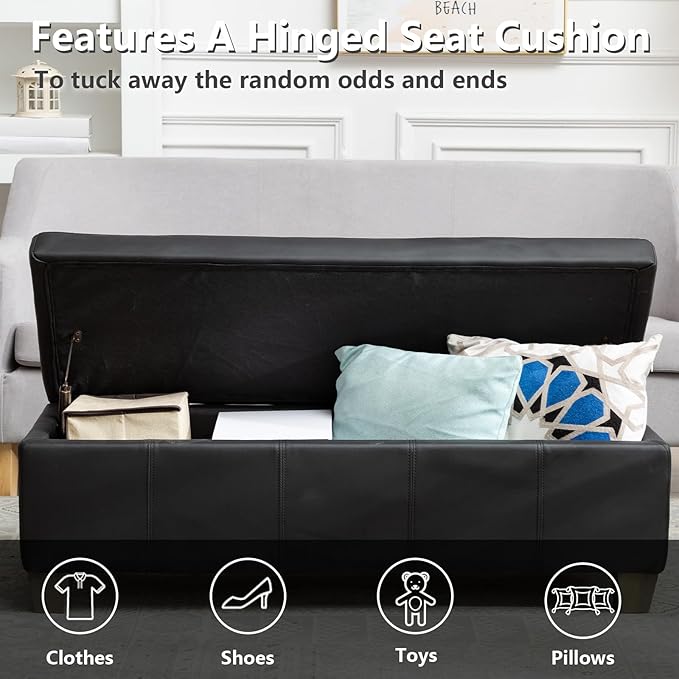 51 Inch Black Faux Leather Ottoman with Storage, Rectangular Extra Long Bench, End of Bed Bench with Large Storage for Bedroom, Living Room
