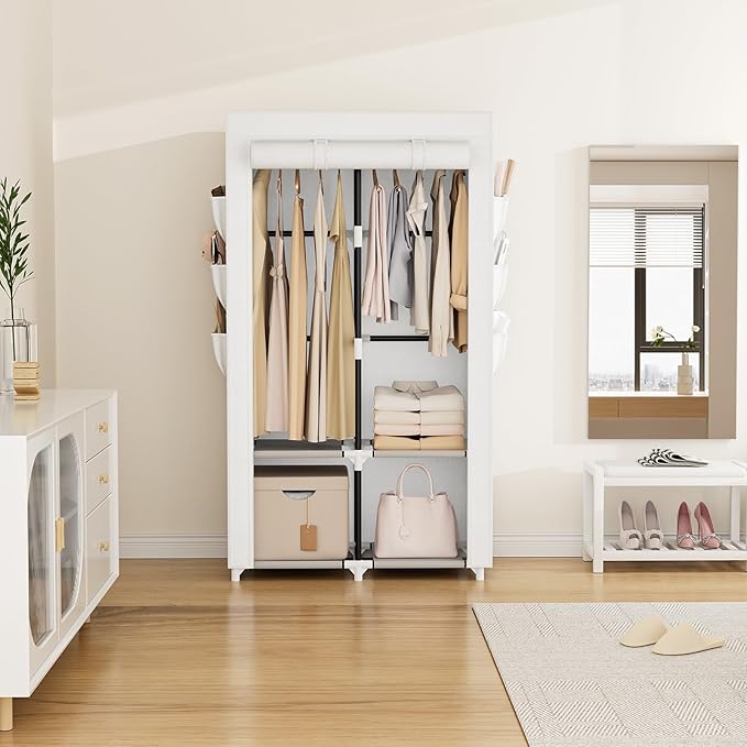 VTRIN Portable Closet Wardrobe Closet for Hanging Clothes with 4 Storage Shelves, 2 Hanging Rods and 6 Pockets, Stable and Easy Assembly Clothes Rack with Cover Free Standing Closet White