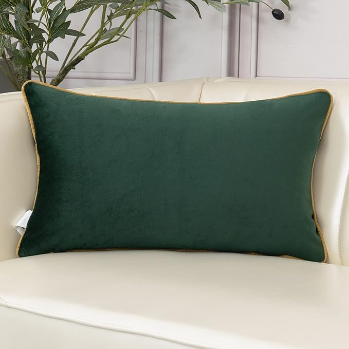 Aeckself European Luxury Velvet Lumbar Throw Pillow Cover 12 x 20 Inch, Embroidery Floral Pillow Cover Home Decor Oblong Pillowcase for Couch Bedroom Living Room, Dark Emerald Green and Gold