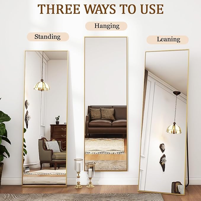 Koonmi 21"x56" Floor Mirror Full Length, Bedroom Floor Body Mirror with Stand, Large Gold Mirror, Leaning, Standing or Hanging Horizontally/Vertically