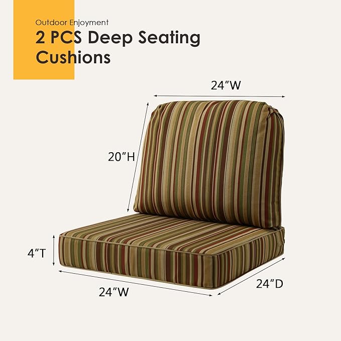 Outdoor Cushions for Patio Furniture Set of 2, 24"x24" Water Repellent Chair Cushions Removable Seat Bottom & Back Cushion Covers for Chair, Sofa, Couch, Colorful Stripe