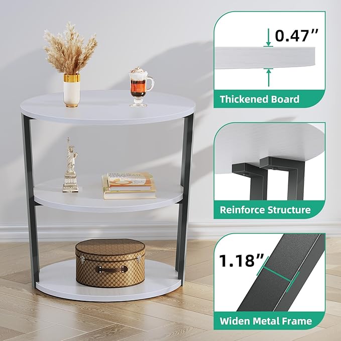 Rotating Round Side Table, 3-Tier End Table with Metal Frame, Nightstand for Small Spaces, Side Table Living Room Bedroom Sofa Bathroom, Gray-White