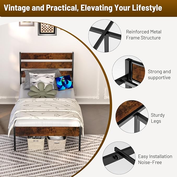 Twin Bed Frame with Headboard,Heavy Duty LED Bed Frame with USB Charging Station,Mattress Foundation-Under Bed Storage, No Box Spring Needed, Noise Free,Brown