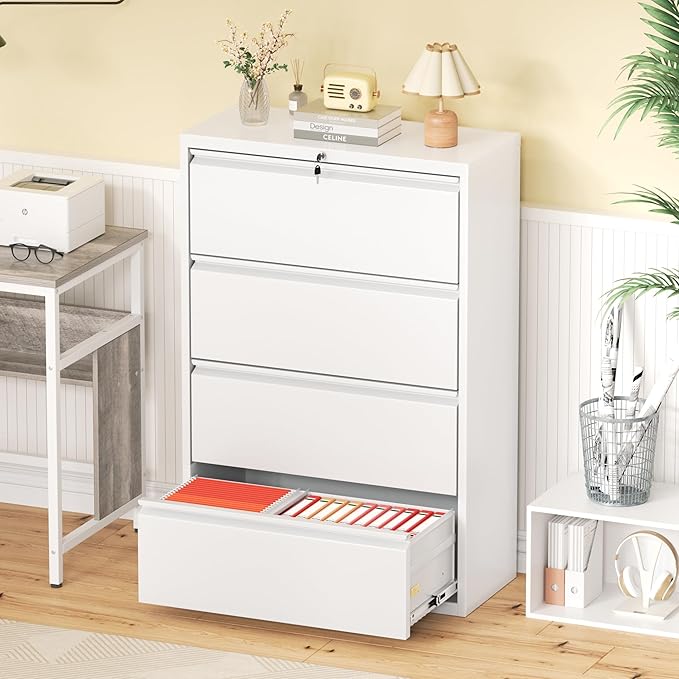 Greenvelly 4 Drawer Lateral File Cabinet with Lock, White Metal Filing Cabinet for Home Office, Locking Metal File Cabinet for Legal/Letter/A4/F4 Size with Hanging Bars&Key