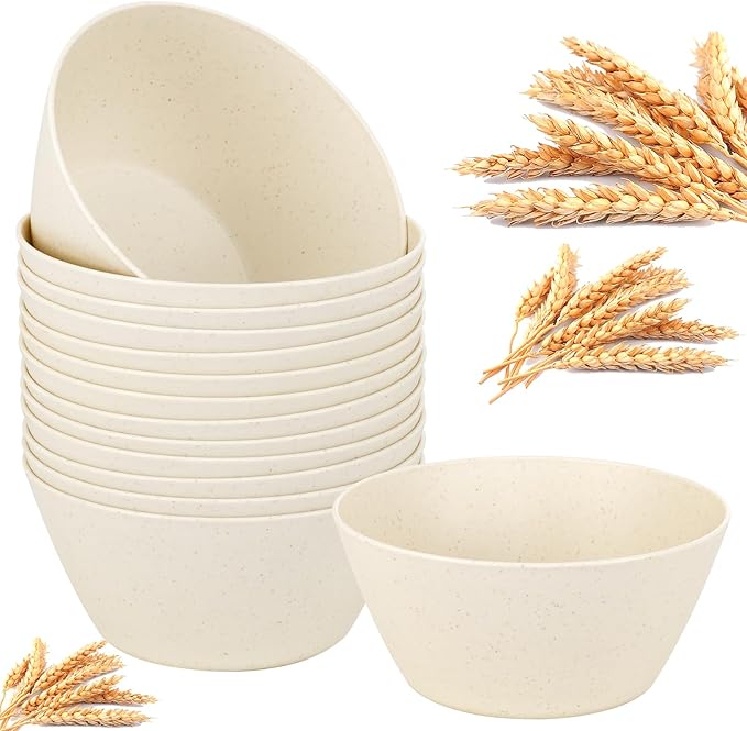 supernal 12PCS Beige Wheat Straw Bowls - Unbreakable Reusable Plastic Bowl,Fridge & Dishwasher Safe Soup Bowl,Lightweight Beige Disposable Bowls for Catering,Weddings,Cereal,Salad,Ramen