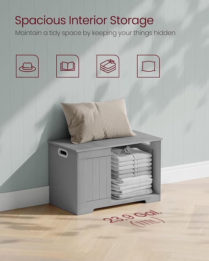 VASAGLE Storage Chest, 29.9 Inches Width Storage Bench, Entryway Bench with 2 Safety Hinges, Shoe Bench, Farmhouse Style, for Entryway, Bedroom, Living Room, Dove Gray ULHS011G01