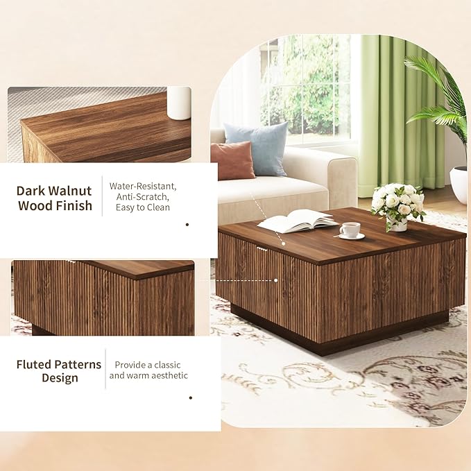 31" Lift Top Coffee Table with Hidden Storage, Farmhouse Square Wood Center Table with Fluted Design for Living Room, Apartment, Small Spaces, Brown Walnut
