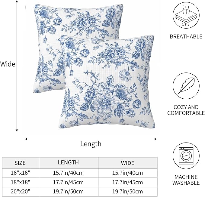 Blue and White Floral Throw Pillow Covers 18x18 Inch Set of 2 Chinoiserie Decorative Flower Pillows Cover Farmhouse Country Cushion Case of Sofa Living Room Bedroom