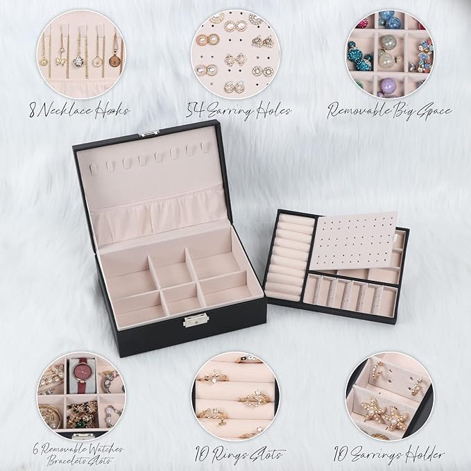 Jewelry Box for Women Girls, 2 Layers Jewelry Organizer Container with Lock, PU Leather Storage Case with Removable Tray, Jewelry Display Box for Necklaces Earrings Bracelets Rings Watches - Black